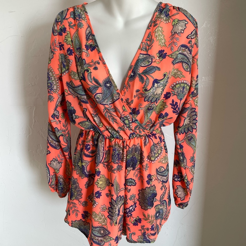 NEON CORAL Floral Long Sleeve Shorts ROMPER Playsuit Size Small
